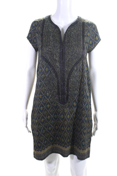 Calypso Saint Barth Womens Embroidered V Neck Tunic Dress Blue Gold Tone Size XS