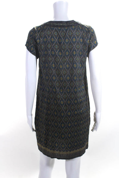 Calypso Saint Barth Womens Embroidered V Neck Tunic Dress Blue Gold Tone Size XS