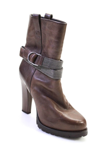 Brunello Cucinelli Womens Leather Crystal Strap High Heel Boots Brown Size 10