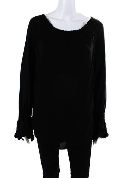Kobi Halperin Womens Silk Ruched Round Neck Flounce Sleeve Blouse Black Size L