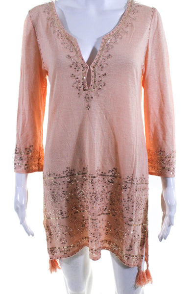 Calypso Saint Barth Women's Linen Sequin Embellished V-Neck Dress Peach Size S