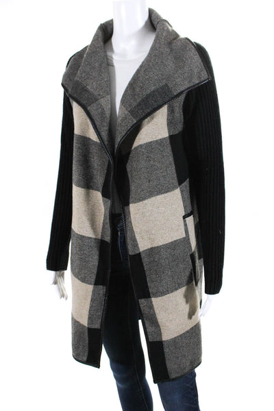 Love Token Womens Check Print Long Sleeve Open Cardigan Coat Beige Black Size XS