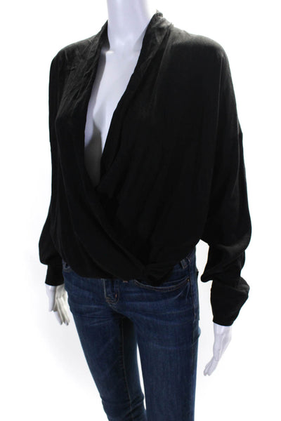 Designer Womens Woven V-Neck Long Sleeve High Low Blouse Top Black Size S