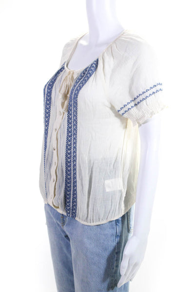 Joie Womens Short Sleeved Tassel Tied V Neck Buttoned Blouse Cream Blue Size S