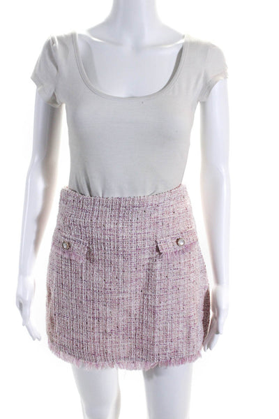 En Saison Women's Tweed Fringe Trim Lined Mini Skirt Pink Size S