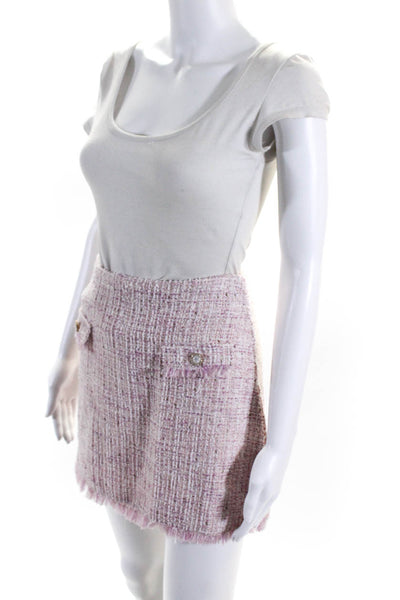 En Saison Women's Tweed Fringe Trim Lined Mini Skirt Pink Size S