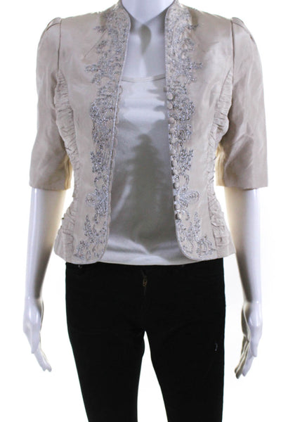 Badgley Mischka Womens Silk Embroidered Beaded Short Sleeve Blazer Beige Size 0