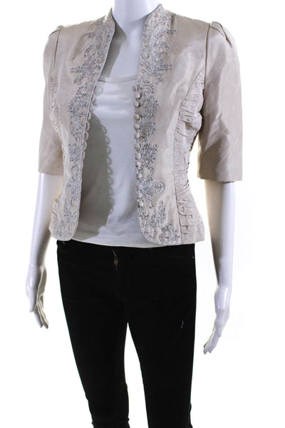 Badgley Mischka Womens Silk Embroidered Beaded Short Sleeve Blazer Beige Size 0