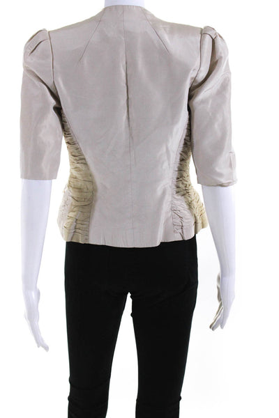 Badgley Mischka Womens Silk Embroidered Beaded Short Sleeve Blazer Beige Size 0