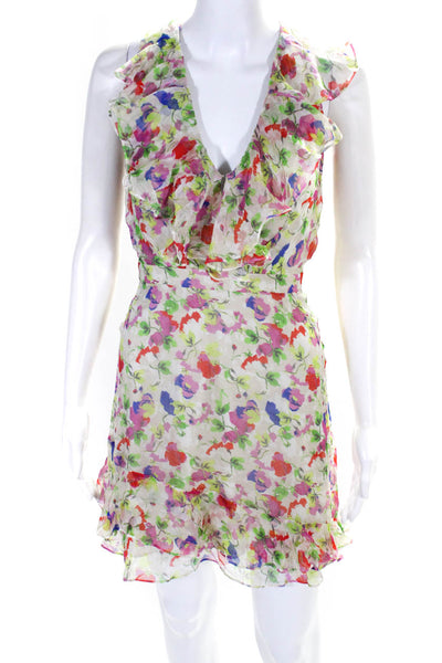 Saloni Womens Silk Floral Print Ruffled Sleeveless A Line Dress White Size 0