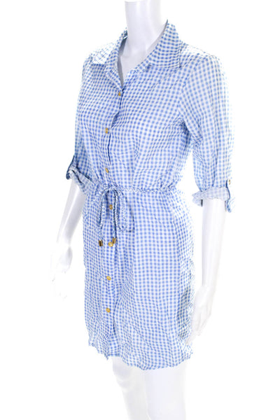 Helen Jon Womens Plaid Button Down Shirt Dress Blue White Size Extra Small