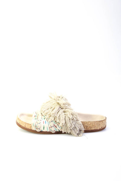Chloe Womens Fringe Embroidered Slide On Sandals White Multi Colored Size 36 6