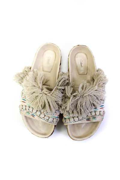 Chloe Womens Fringe Embroidered Slide On Sandals White Multi Colored Size 36 6