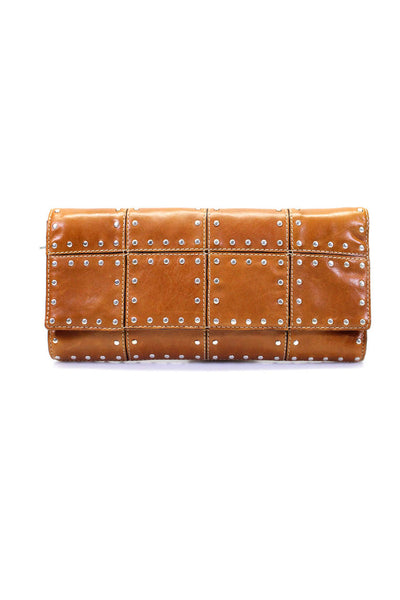 Michael Michael Kors Brown Leather Square Quilted Studded Envelope Clutch Brown