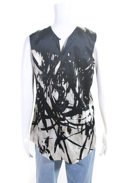 Tahari Womens Abstract Print V-Neck Sleeveless Pullover Blouse Top Black Size XS