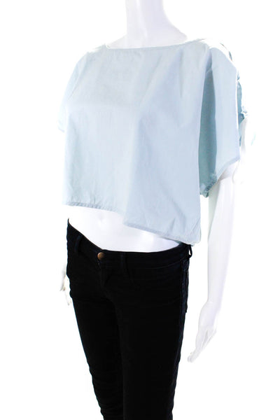 Morgan Lane Cotton Woven Short Sleeve Ribbon Cutout Blouse Top Blue Size S
