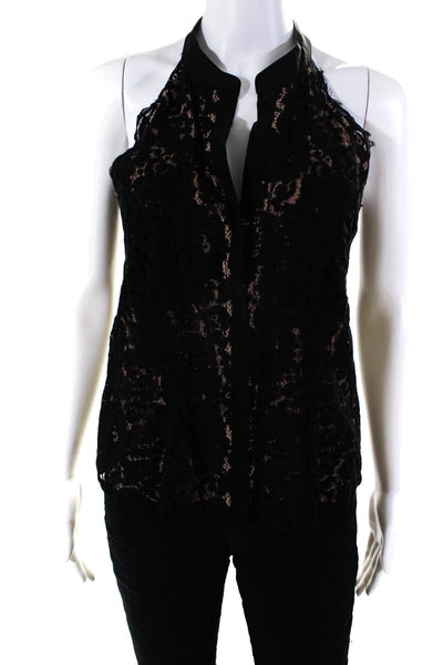 Madison Marcus Womens Button Front Lace Overlay V Neck Top Black Size XS