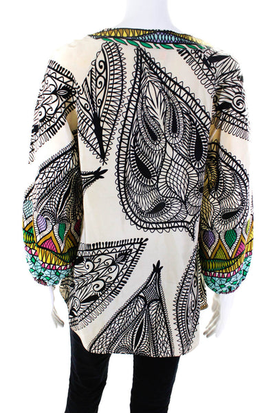 Tibi Womens 3/4 Sleeve V Neck Abstract Silk Printed Shirt White Multi Size 8