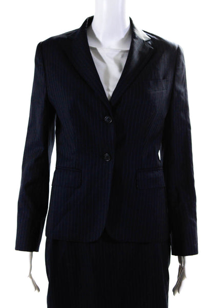 Designer Womens Two Button Notched Lapel Pinstriped Skirt Suit Blue Size 6