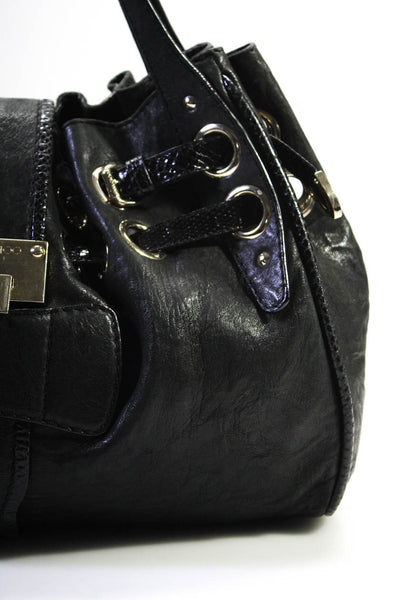 Jimmy Choo Womens Riki Leather Gold Tone Buckled Woven Shoulder Handbag Black