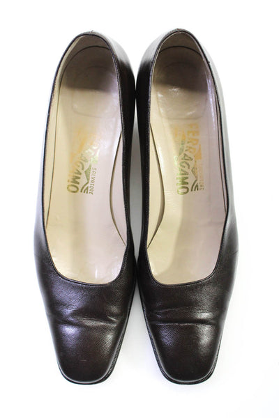Salvatore Ferragamo Womens Leather Block Heels Slip-On Pumps Brown Size 9.5