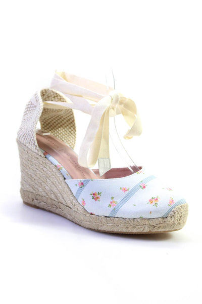 Margaux Womens Floral Print Ankle Tied Espadrille Wedge Heels Blue Size EUR38.5