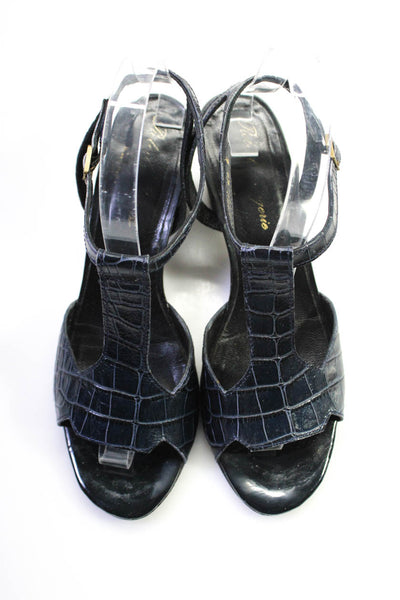 Robert Clergerie Womens Embossed Leather T-Strap Heels Sandals Navy Size 7.5