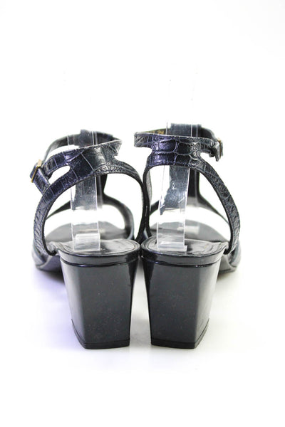 Robert Clergerie Womens Embossed Leather T-Strap Heels Sandals Navy Size 7.5