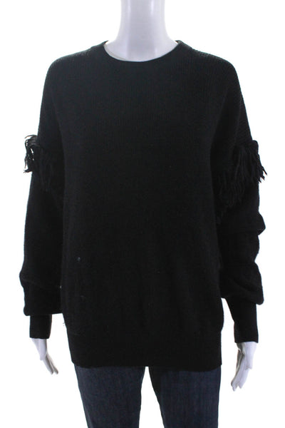 Tory Burch Womens Tight Knit Fringed Shoulder Long Sleeved Sweater Black Size M