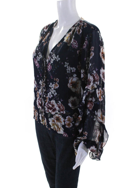 Nicholas Womens Floral Ruffled Long Sleeved Button Down Blouse Blue Pink Size M