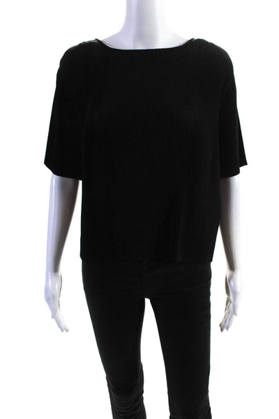 The Reset Women's Round Neck Short Sleeves Pleated Blouse Black Size S