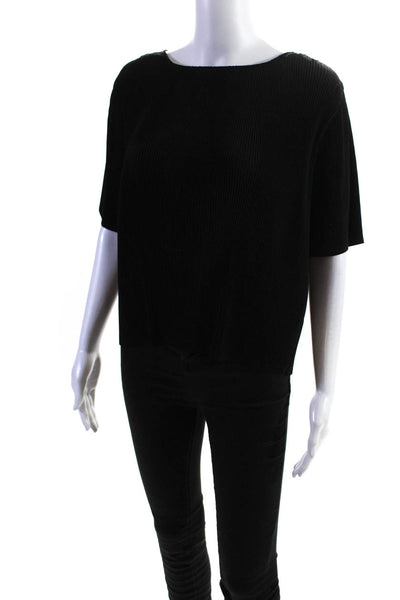 The Reset Women's Round Neck Short Sleeves Pleated Blouse Black Size S