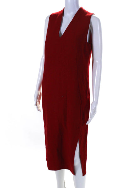 Akris Womens Wool V-Neck Sleeveless Zip Up Midi Sheath Dress Red Size 10