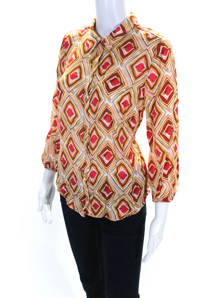 Ecru Womens Woven Geometric Long Sleeve Button-Down Blouse Top Orange Size M
