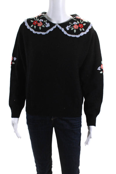 Rixo Women's Floral Embroidered Long Sleeve Round Collar Sweater Black Size S