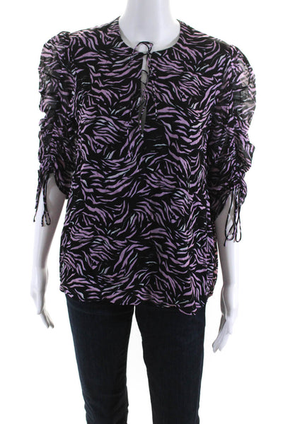 The Kooples Womens Zebra Print 3/4 Sleeved Tied V Neck Blouse Black Pink Size 2