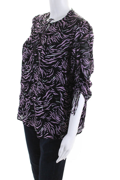 The Kooples Womens Zebra Print 3/4 Sleeved Tied V Neck Blouse Black Pink Size 2