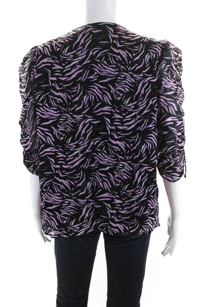 The Kooples Womens Zebra Print 3/4 Sleeved Tied V Neck Blouse Black Pink Size 2