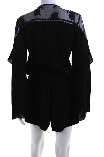 Parker Womens Lace Panel V-Neck Long Sleeve Faux Wrap Romper Black Size S