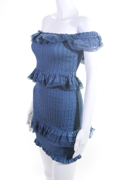 Tularosa Womens Cotton Lace Trim Off The Shoulder Mini Dress Blue Size XS