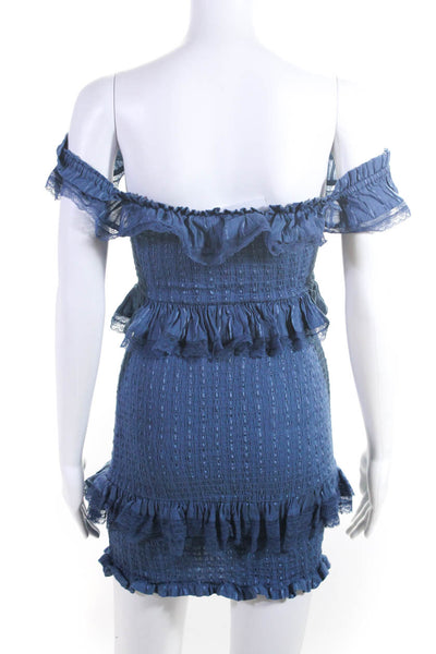 Tularosa Womens Cotton Lace Trim Off The Shoulder Mini Dress Blue Size XS