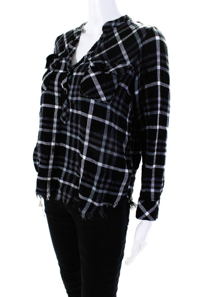 Rails Womens Plaid Half Buttoned V Neck Long Sleeved Blouse Black White Size M