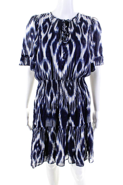 Rebecca Taylor Womens Short Sleeved Button Blouson Dress Navy Blue White Size 4