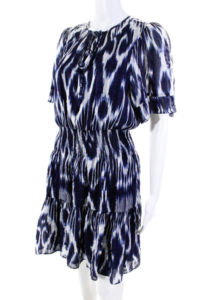 Rebecca Taylor Womens Short Sleeved Button Blouson Dress Navy Blue White Size 4