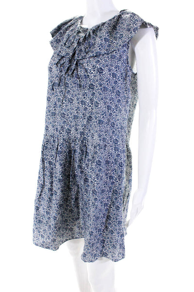 Rebecca Womens Floral Ruffled Short Sleeved V Neck Shift Dress Blue White Size S