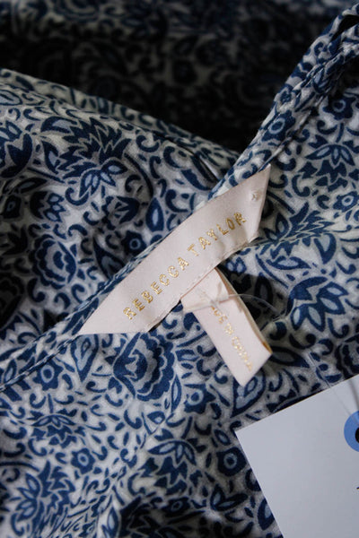 Rebecca Womens Floral Ruffled Short Sleeved V Neck Shift Dress Blue White Size S