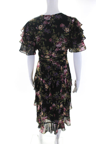 Wayf Womens Floral Print Ruffle Trim V-Neck Short Sleeve Dress Black Size S