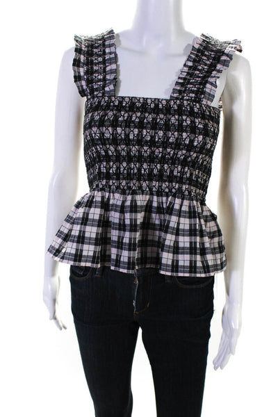 Ganni Women's Checkered Sleeveless Smocked Ruffle Top Pink Black Size 36