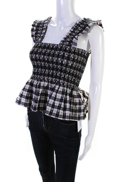 Ganni Women's Checkered Sleeveless Smocked Ruffle Top Pink Black Size 36