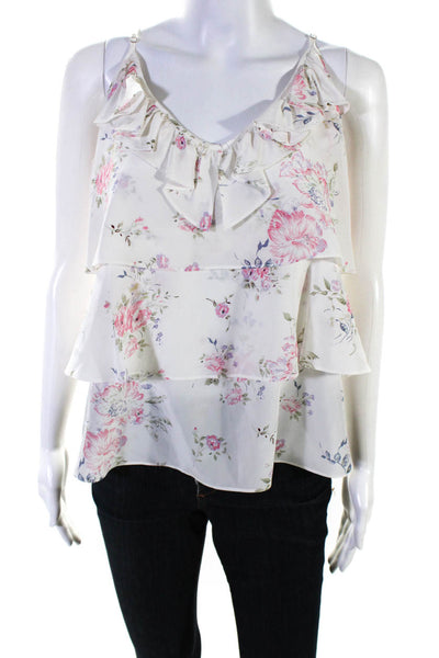 The Kooples Women's Floral Print Silk Blouse White Pink Size M